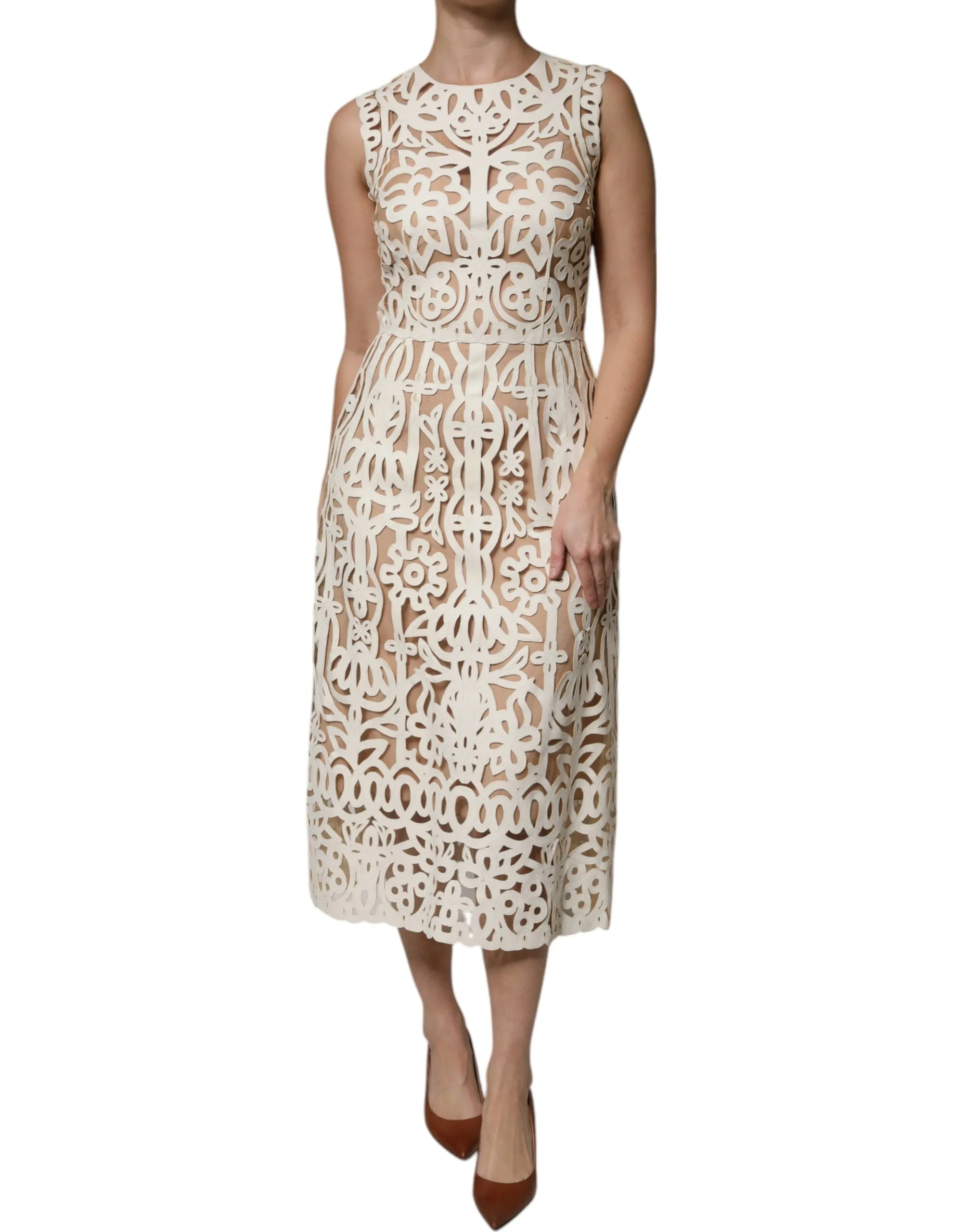 Dolce & Gabbana Women's White Cut Out Leather Sleeveless Midi Dress