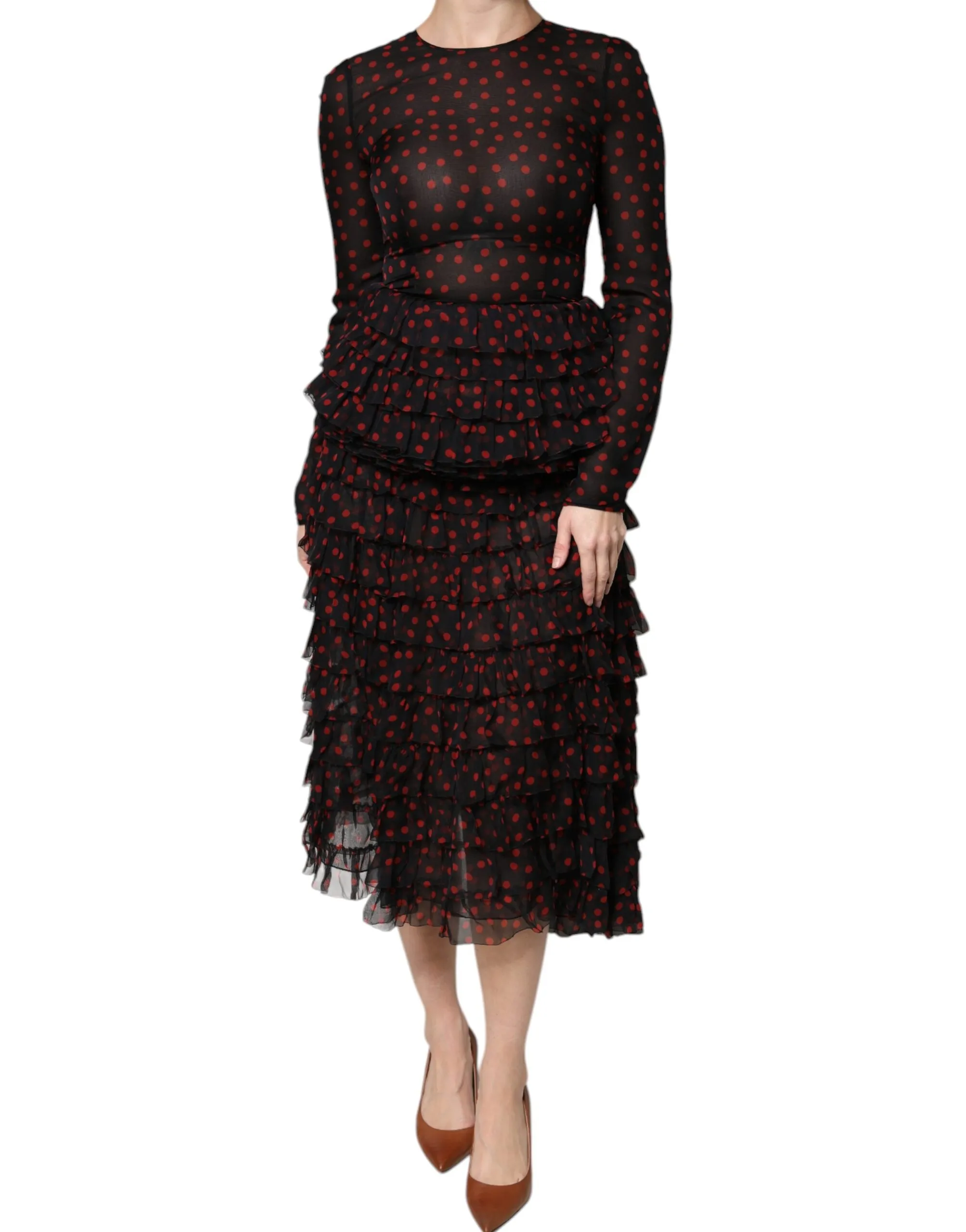 Dolce & Gabbana Women's Black Red Polka Dot Silk Layered Midi Dress