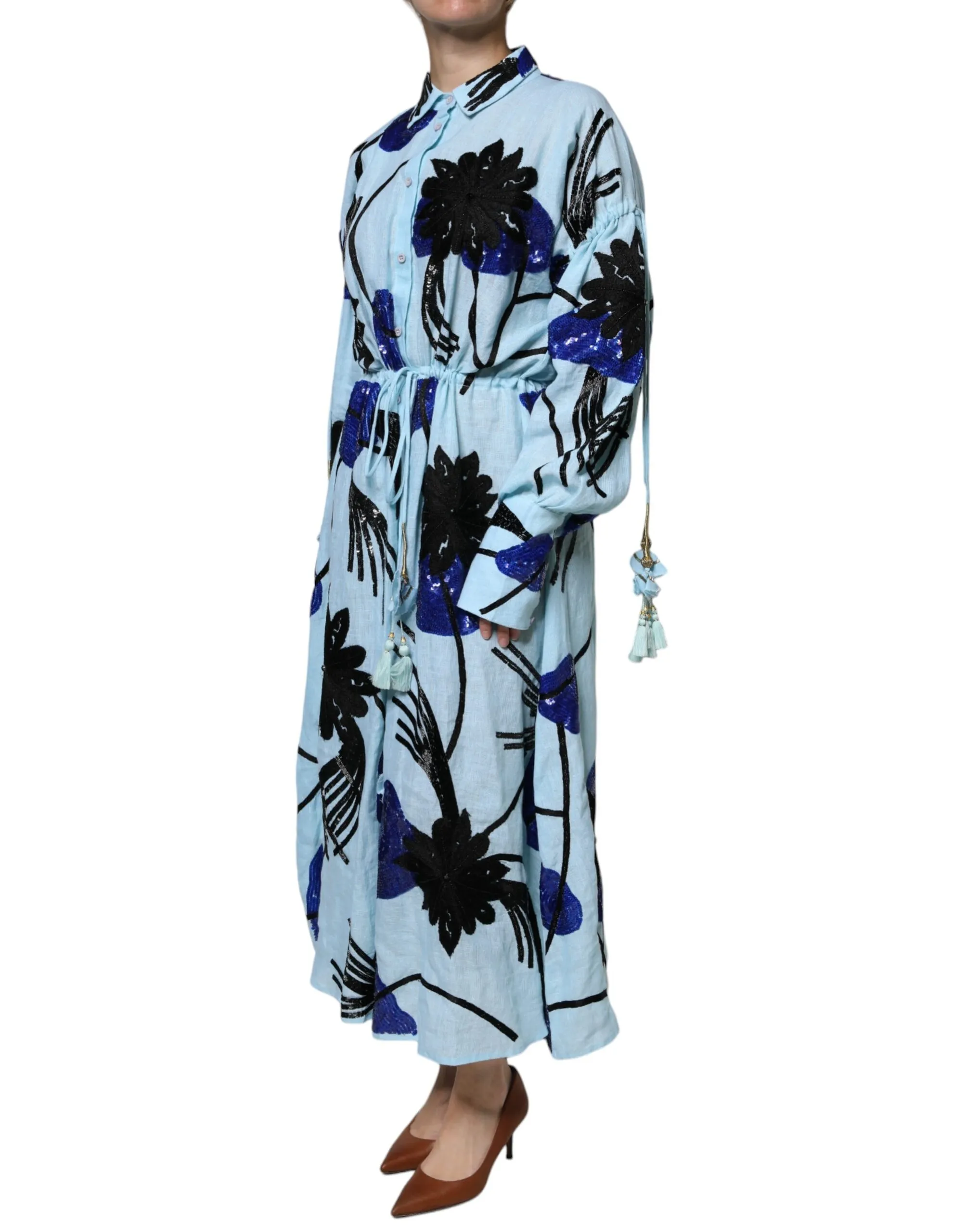 Christian Pellizzari Women's Light Blue Floral Embellished Shirt Maxi Dress