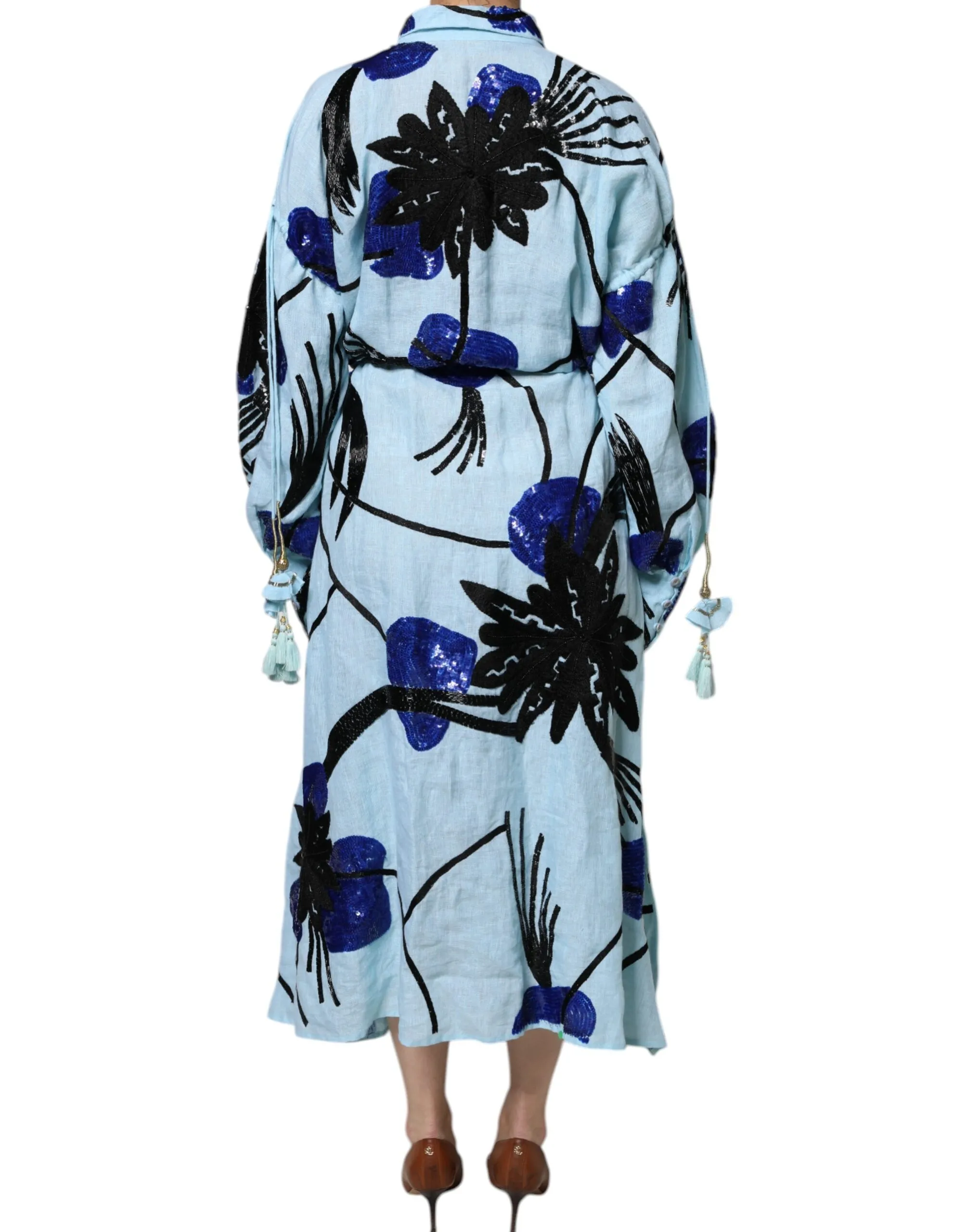 Christian Pellizzari Women's Light Blue Floral Embellished Shirt Maxi Dress