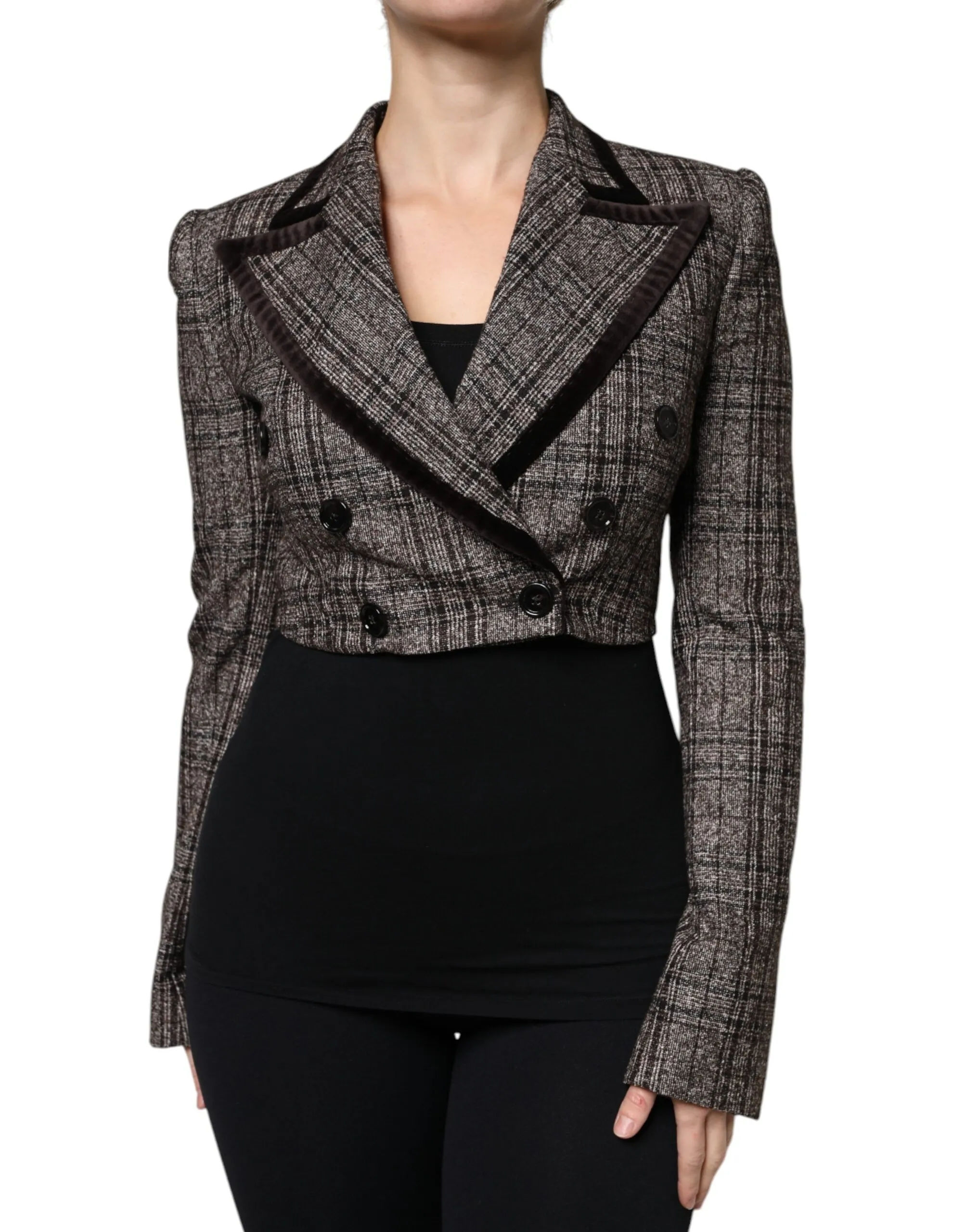 Dolce & Gabbana Women's Brown Plaid Long Sleeve Cropped Coat Jacket
