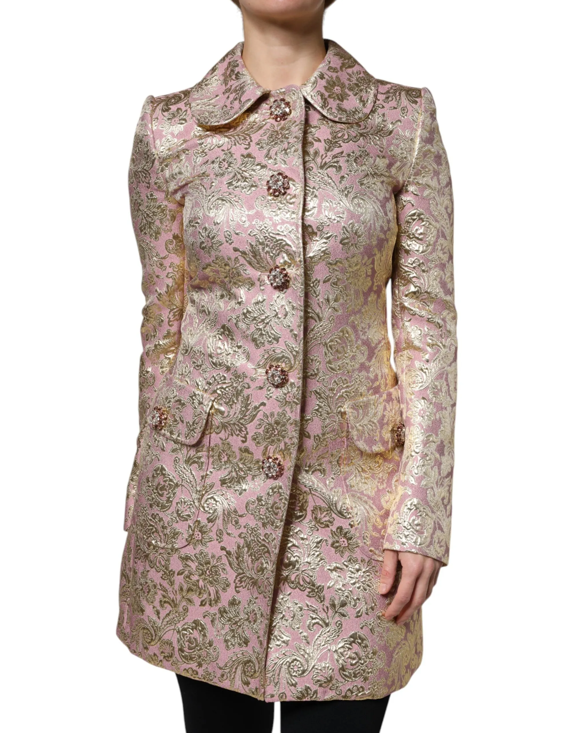Dolce & Gabbana Women's Metallic Pink Gold Jacquard Jewel Button Coat Jacket