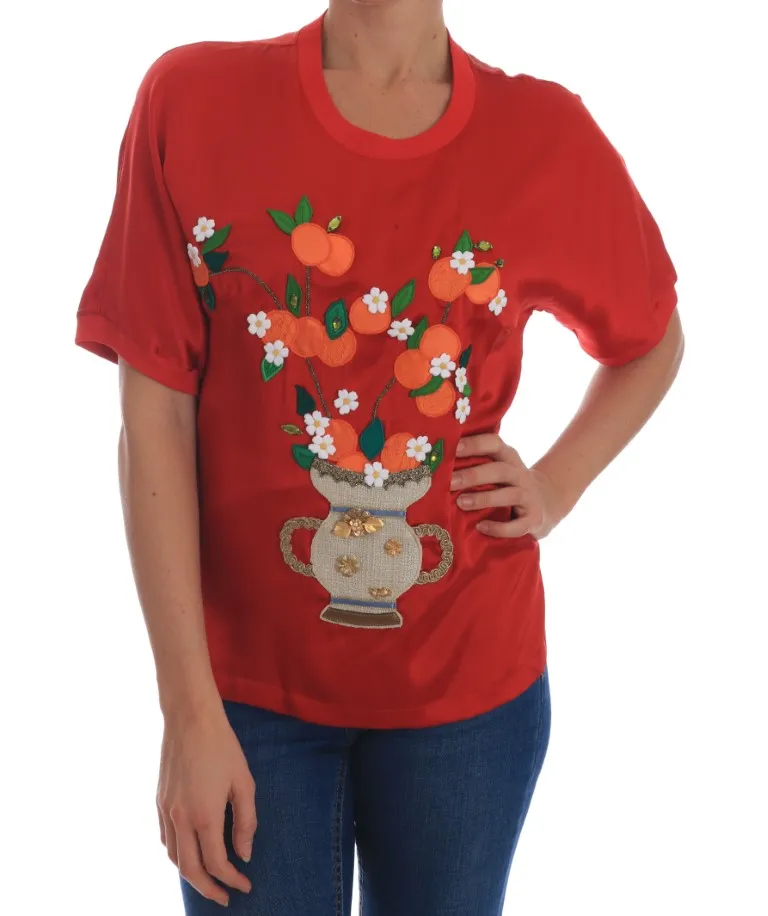 Dolce & Gabbana Women's Elegant Red Silk Crystal-Embellished Blouse