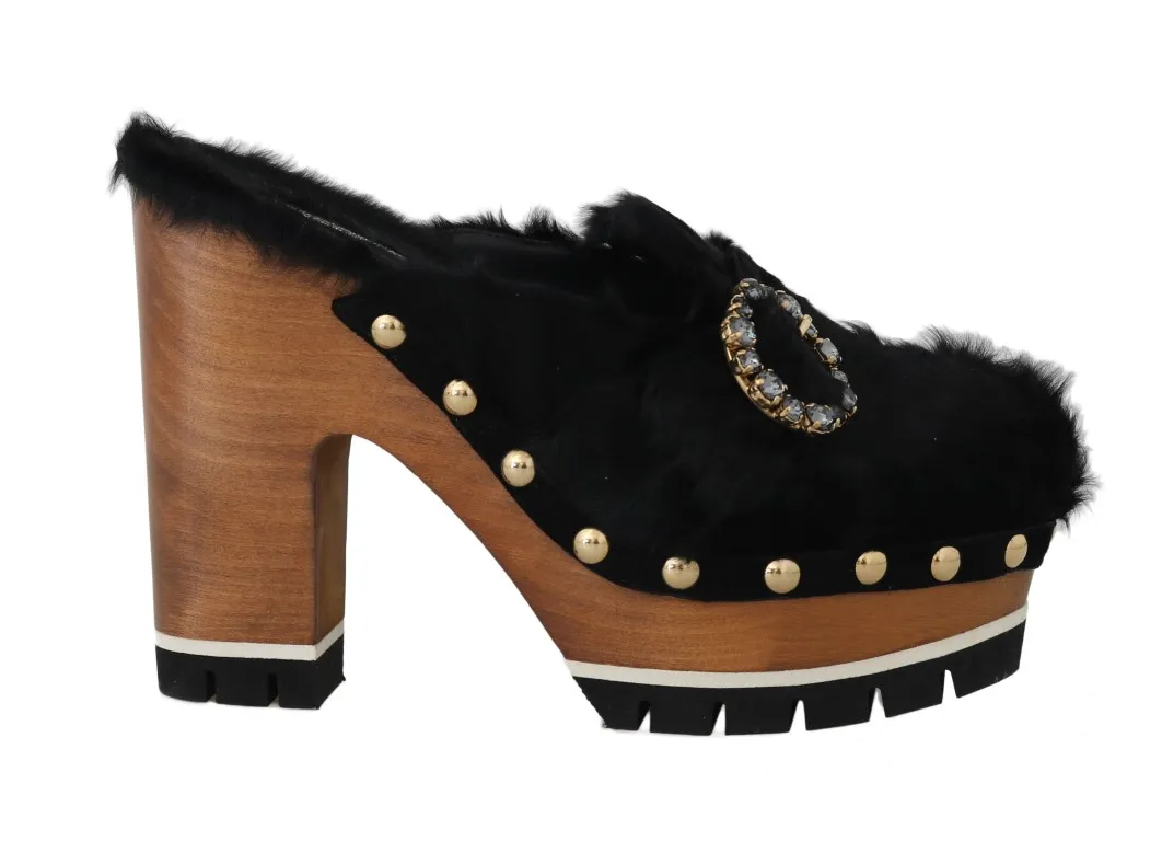 Dolce & Gabbana Women's Black Lamb Fur Suede Slides with Crystal Studs