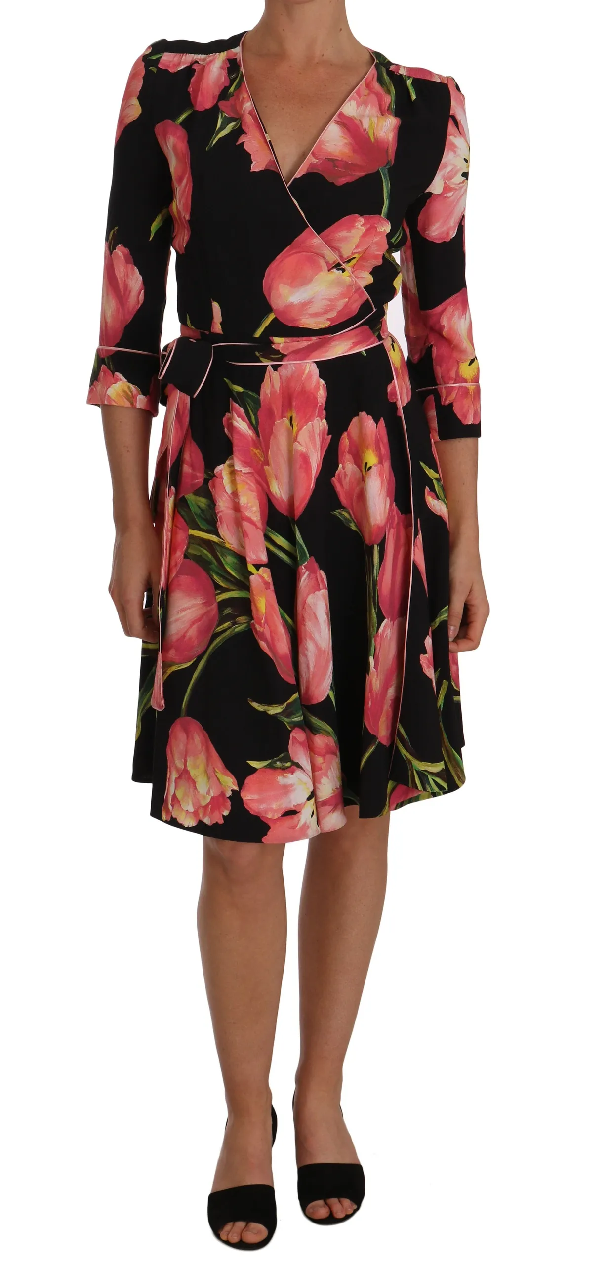 Dolce & Gabbana Women's Elegant Black Shift Dress with Pink Tulips Print