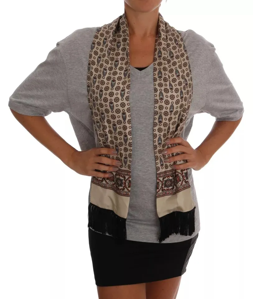 Dolce & Gabbana Women's Gray Cotton Owl Silk Scarf Top T-shirt
