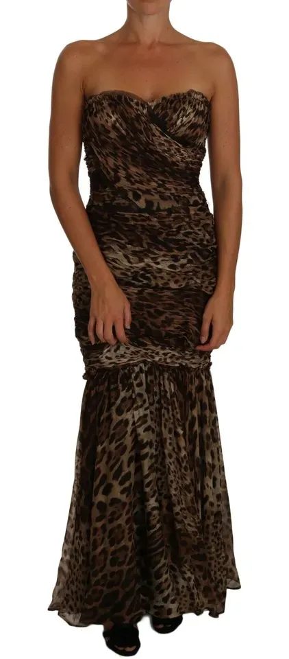Dolce & Gabbana Women's Brown Leopard Silk Chiffon Ruched Mermaid Maxi Dress