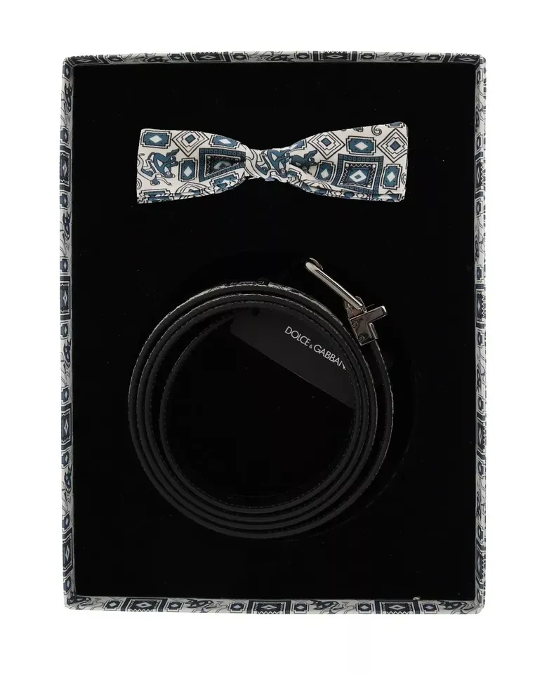 Dolce & Gabbana Men's White Blue Silk Bowtie Leather Belt Gift Box Set