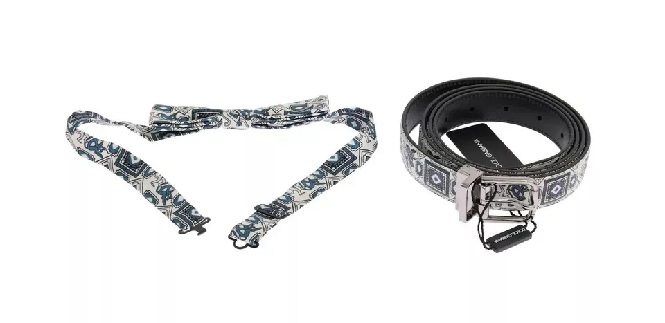 Dolce & Gabbana Men's White Blue Silk Bowtie Leather Belt Gift Box Set