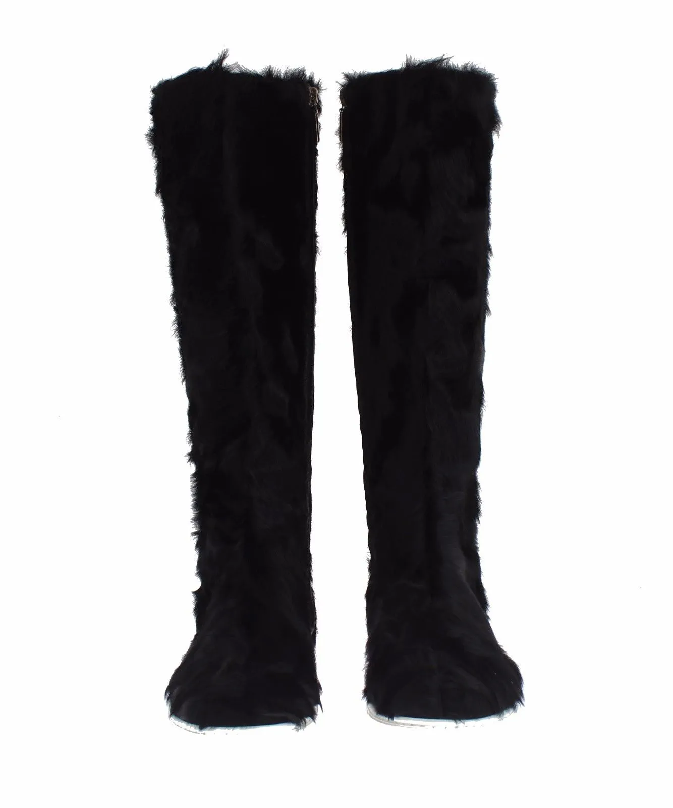 Dolce & Gabbana Women's Elegant Black Fur Leather Flat Sneaker Boots