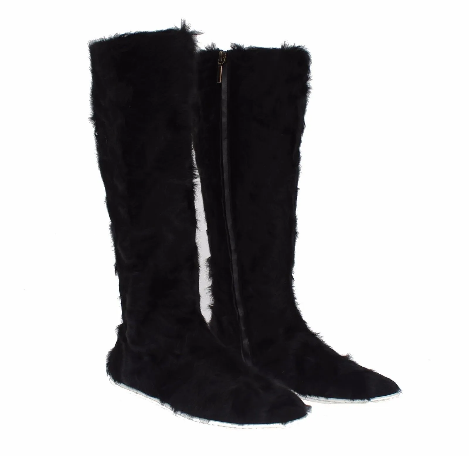 Dolce & Gabbana Women's Elegant Black Fur Leather Flat Sneaker Boots