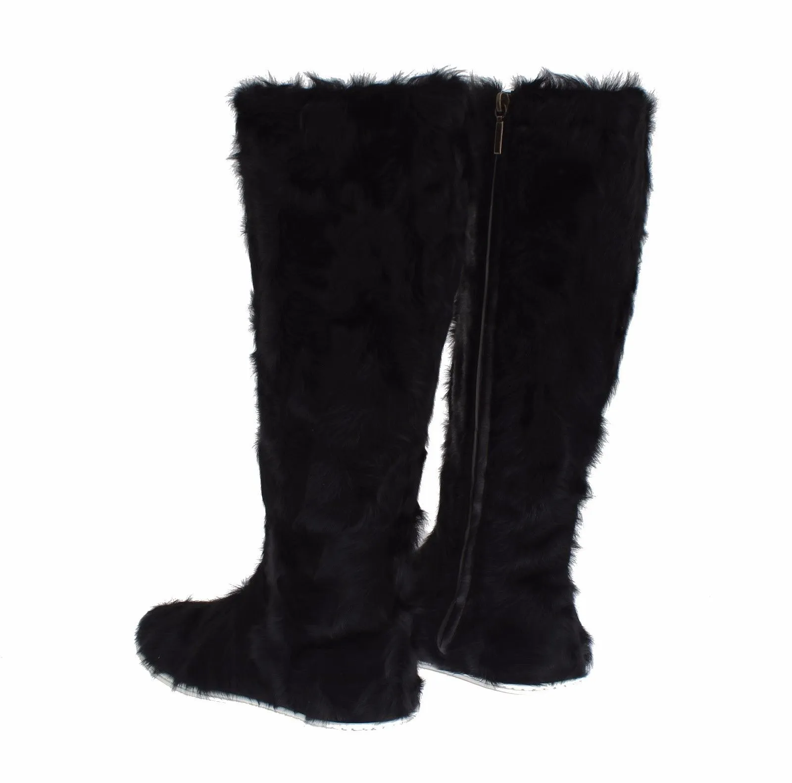 Dolce & Gabbana Women's Elegant Black Fur Leather Flat Sneaker Boots