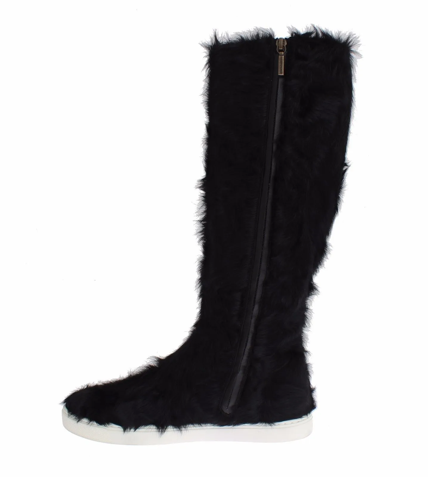 Dolce & Gabbana Women's Elegant Black Fur Leather Flat Sneaker Boots