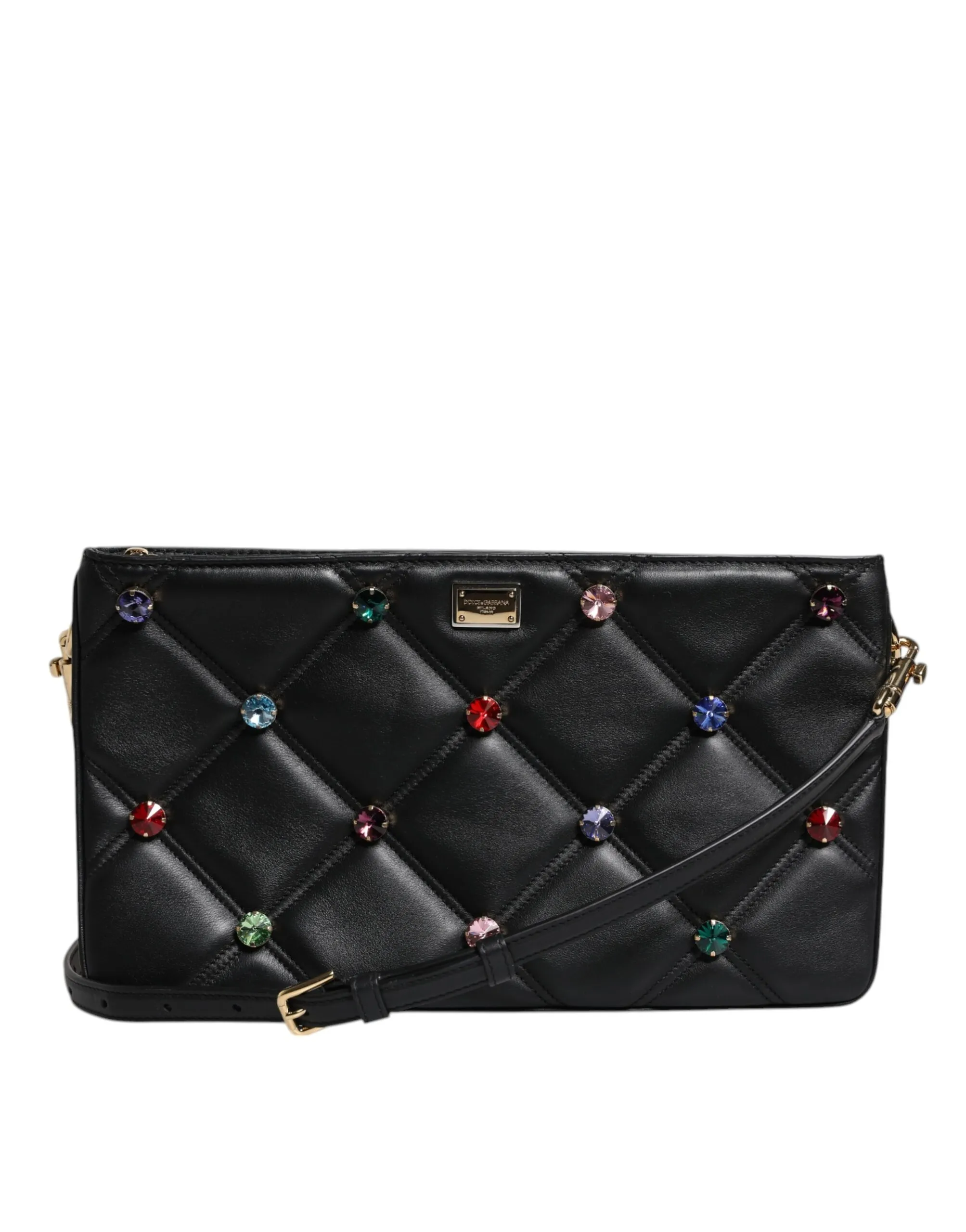 Dolce & Gabbana Women's Black Leather Crystal Embellished Logo Shoulder Bag