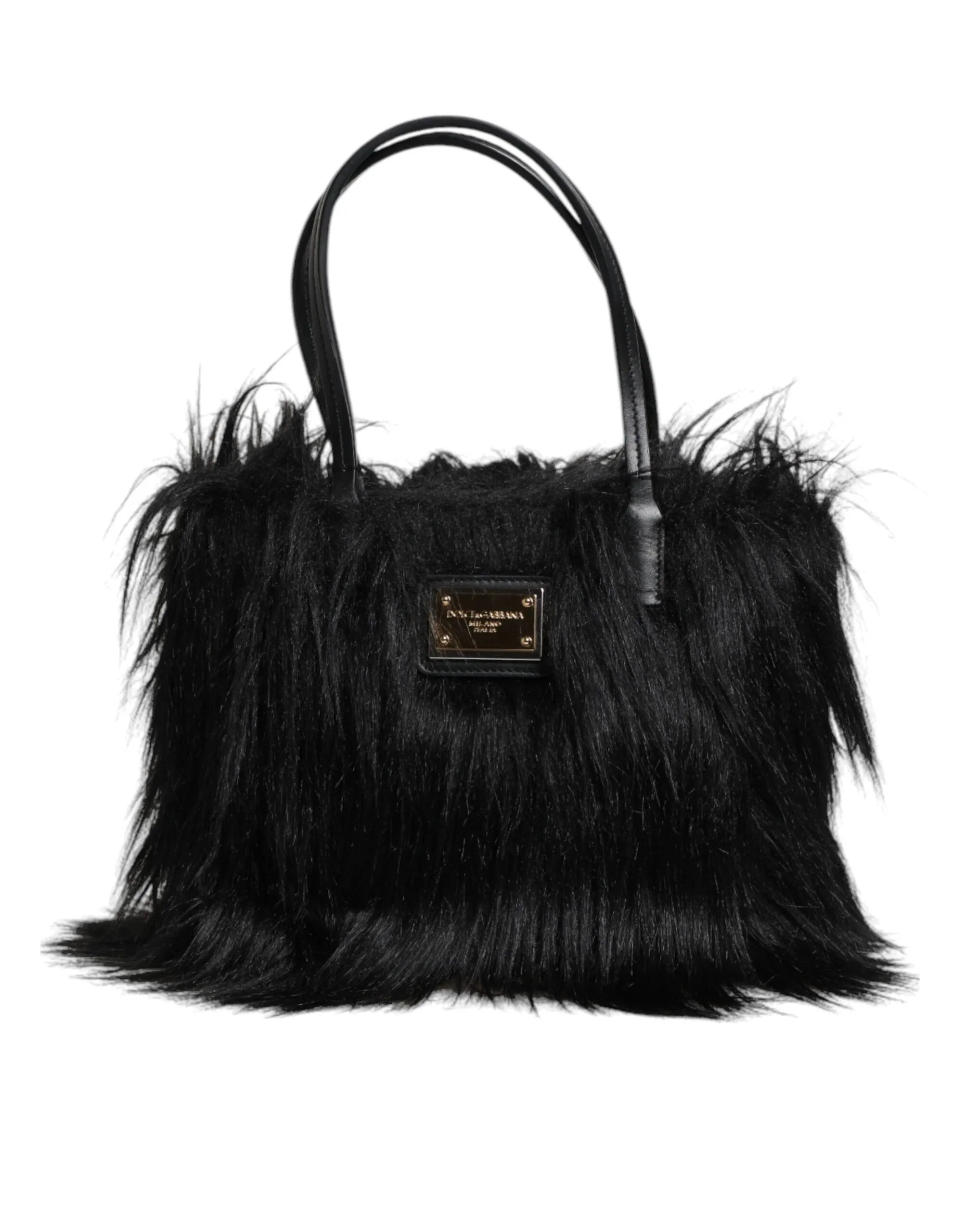 Dolce & Gabbana Women's Black Fur Logo Plaque Double Handle Shoulder Bag