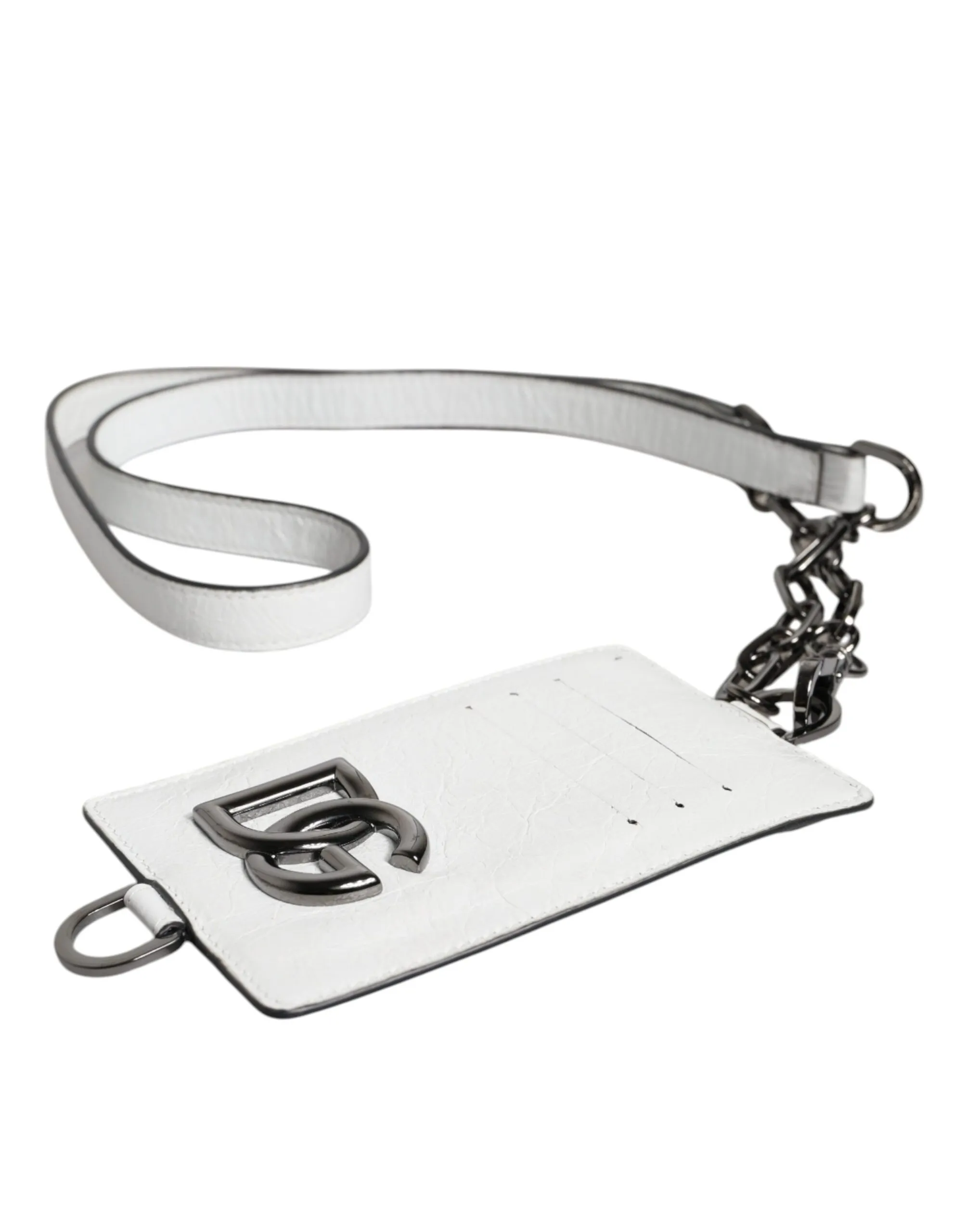 Dolce & Gabbana Men's White Calf Leather Lanyard Logo Card Holder Wallet