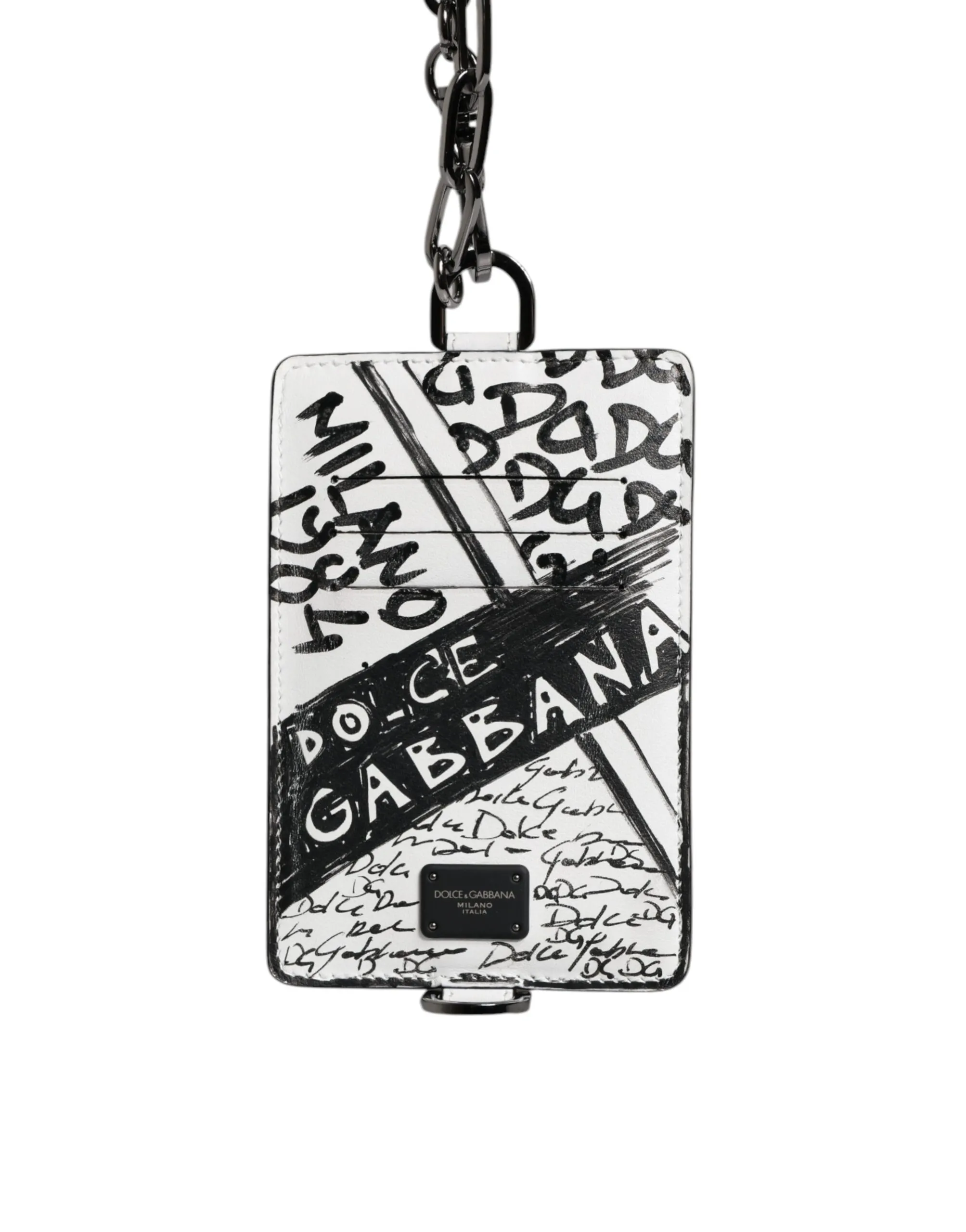 Dolce & Gabbana Men's White Leather Lanyard Graffiti Print Card Holder Wallet
