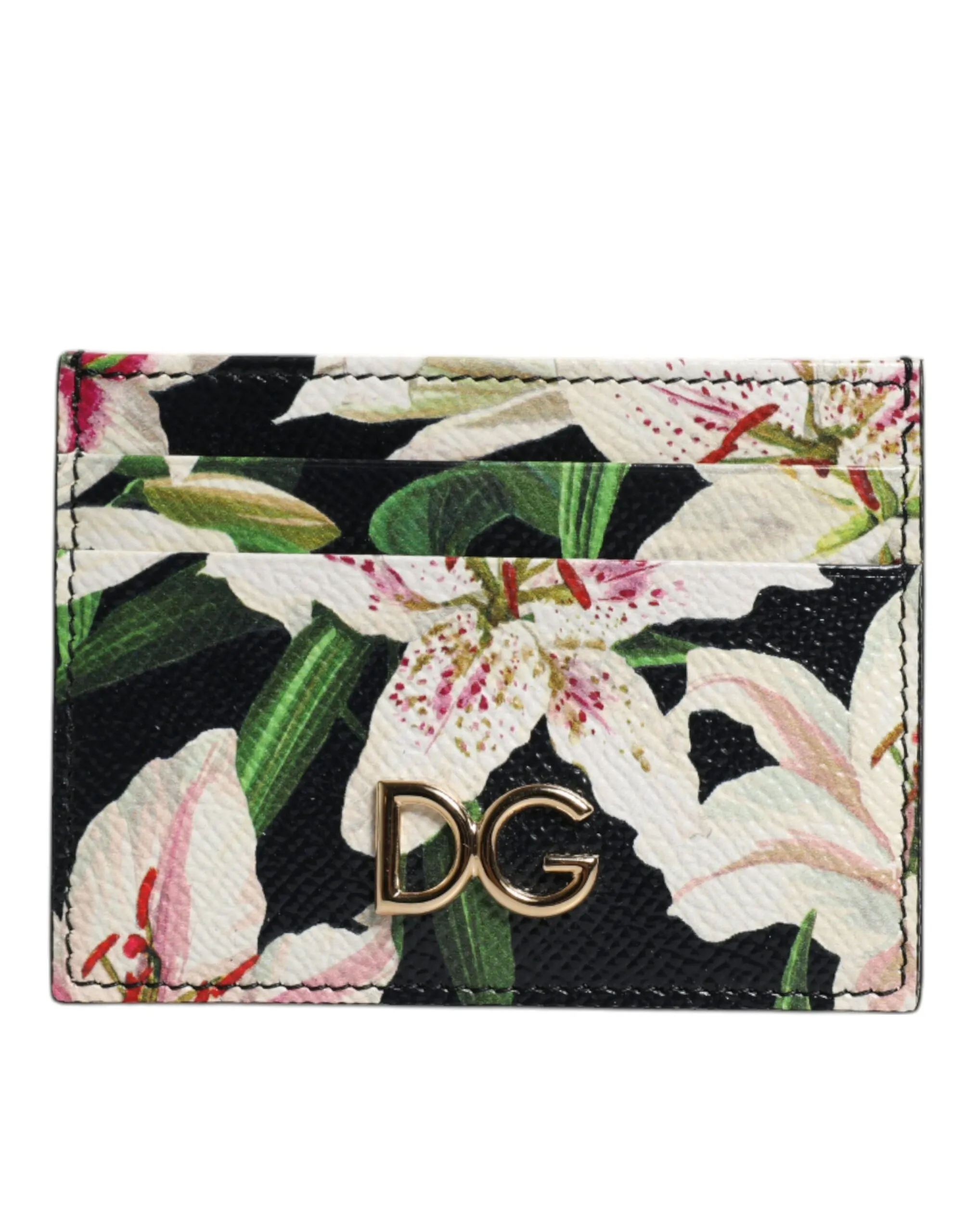 Dolce & Gabbana Women's Black Floral Leather Card Holder DG Logo Plaque Wallet