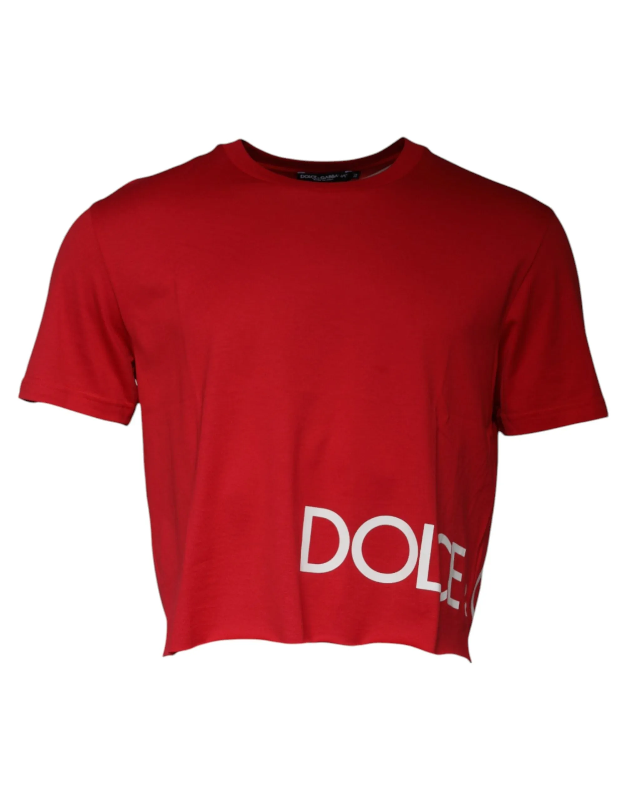 Dolce & Gabbana Men's Red Logo Print Cropped Crew Neck T-shirt