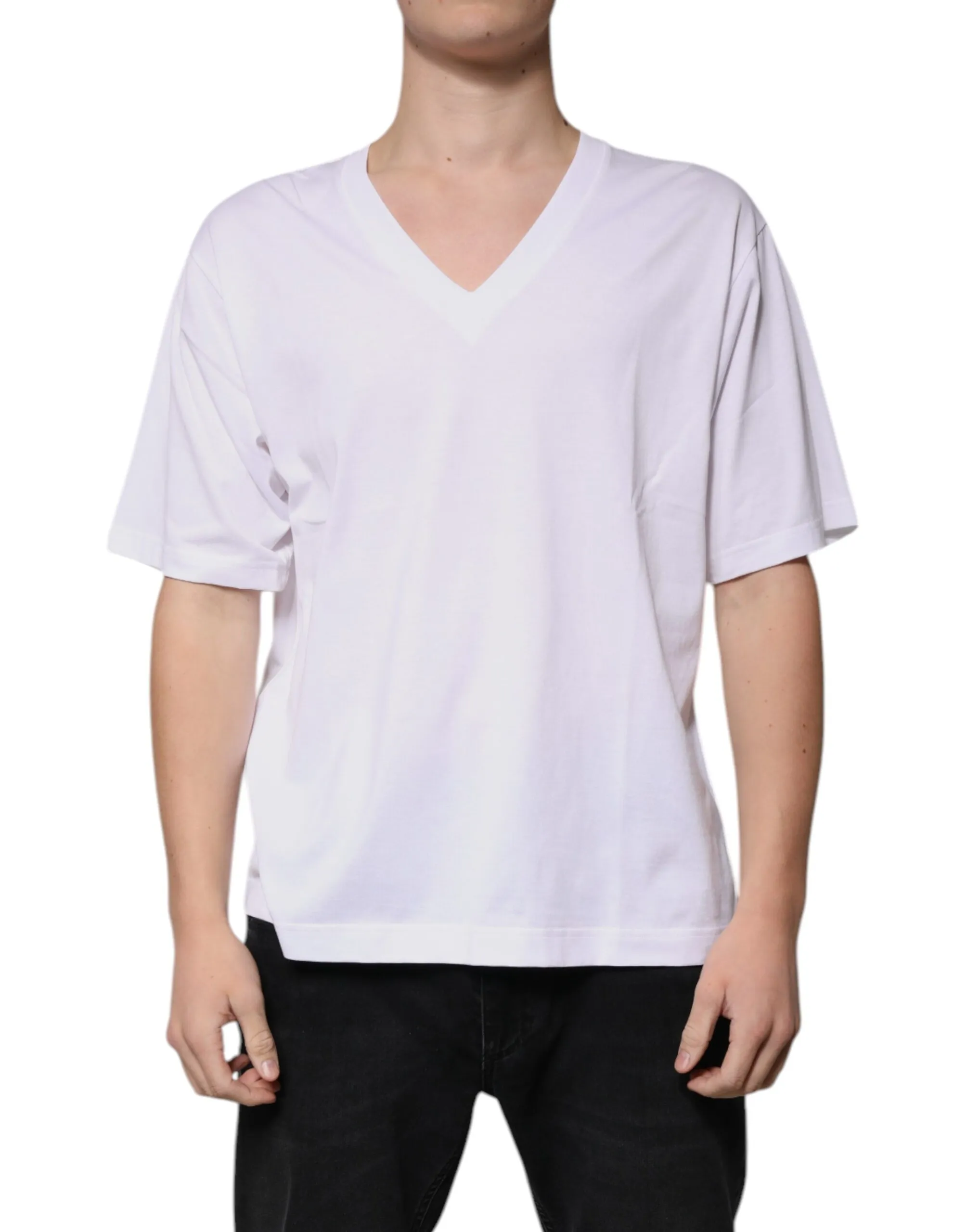 Dolce & Gabbana Men's White Cotton V-neck Short Sleeves T-shirt
