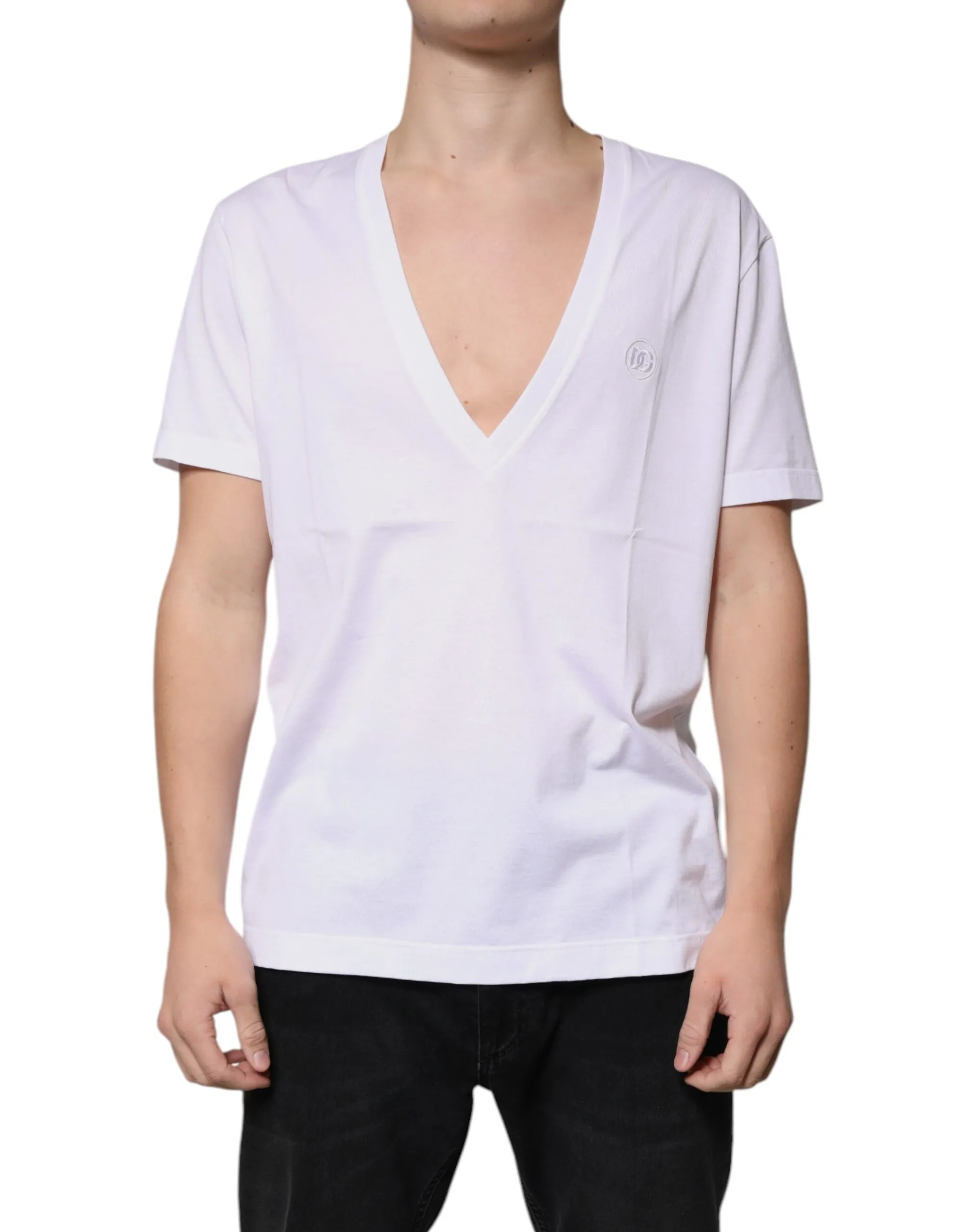 Dolce & Gabbana Men's White Cotton V-neck Short Sleeves T-shirt