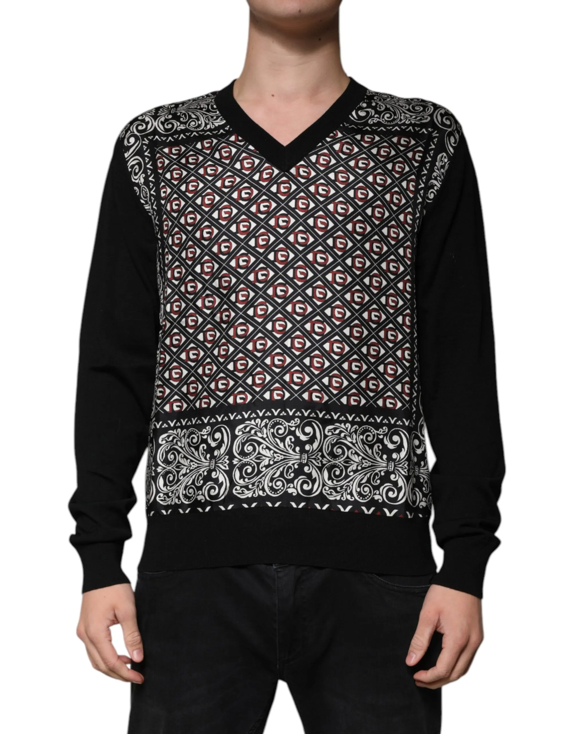 Dolce & Gabbana Men's Black Logo Wool V-neck Pullover Sweater