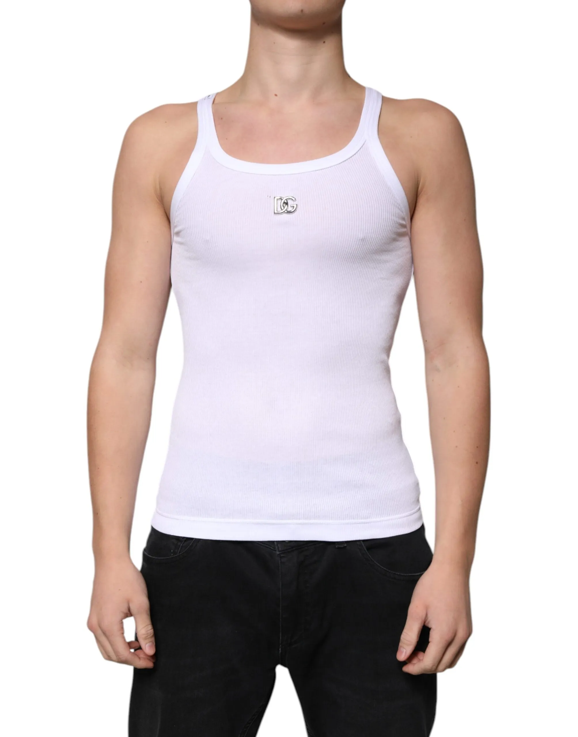 Dolce & Gabbana Men's White Cotton DG Sleeveless Round Neck T-shirt