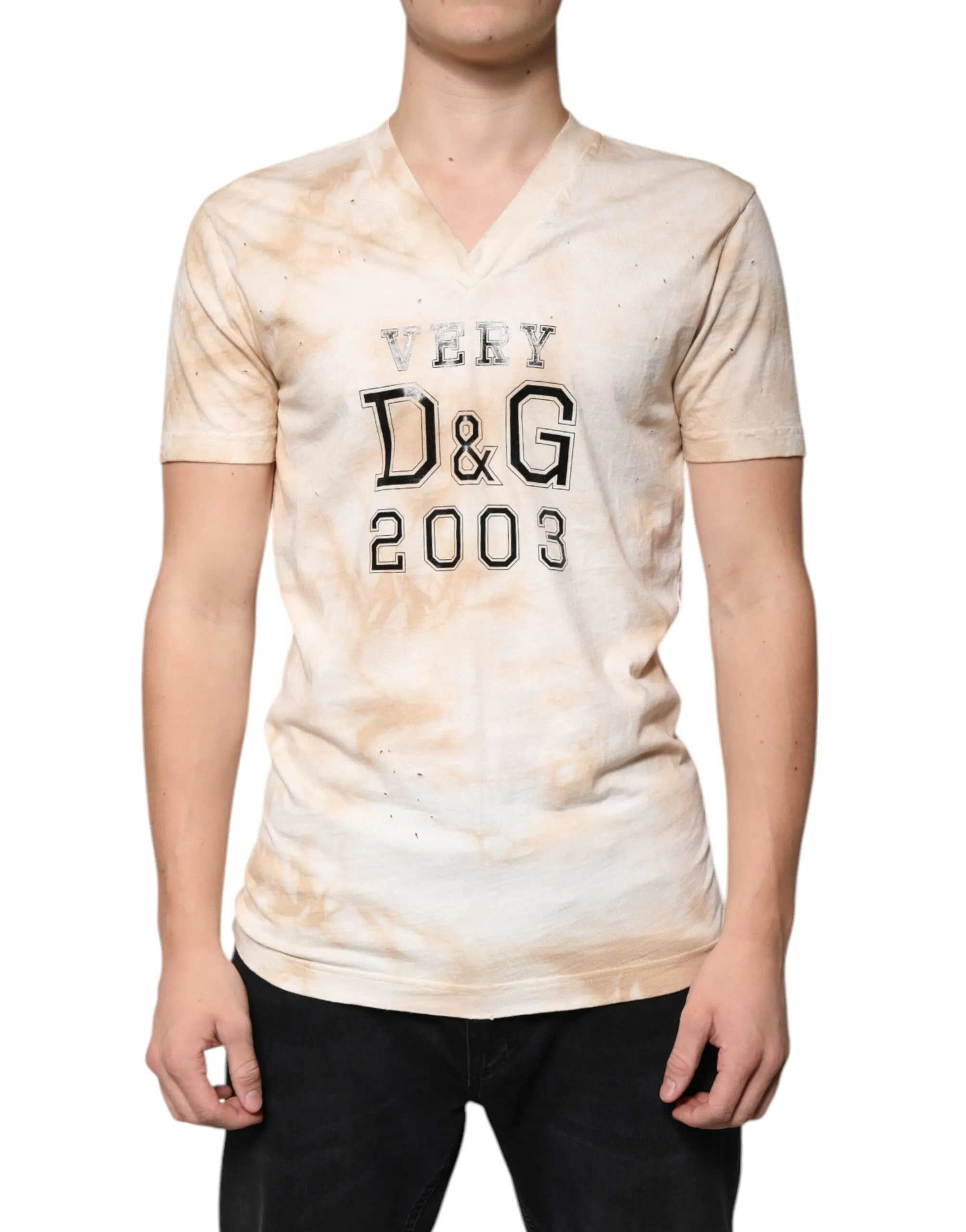 Dolce & Gabbana Men's Beige Graphic Print Cotton V-neck T-shirt