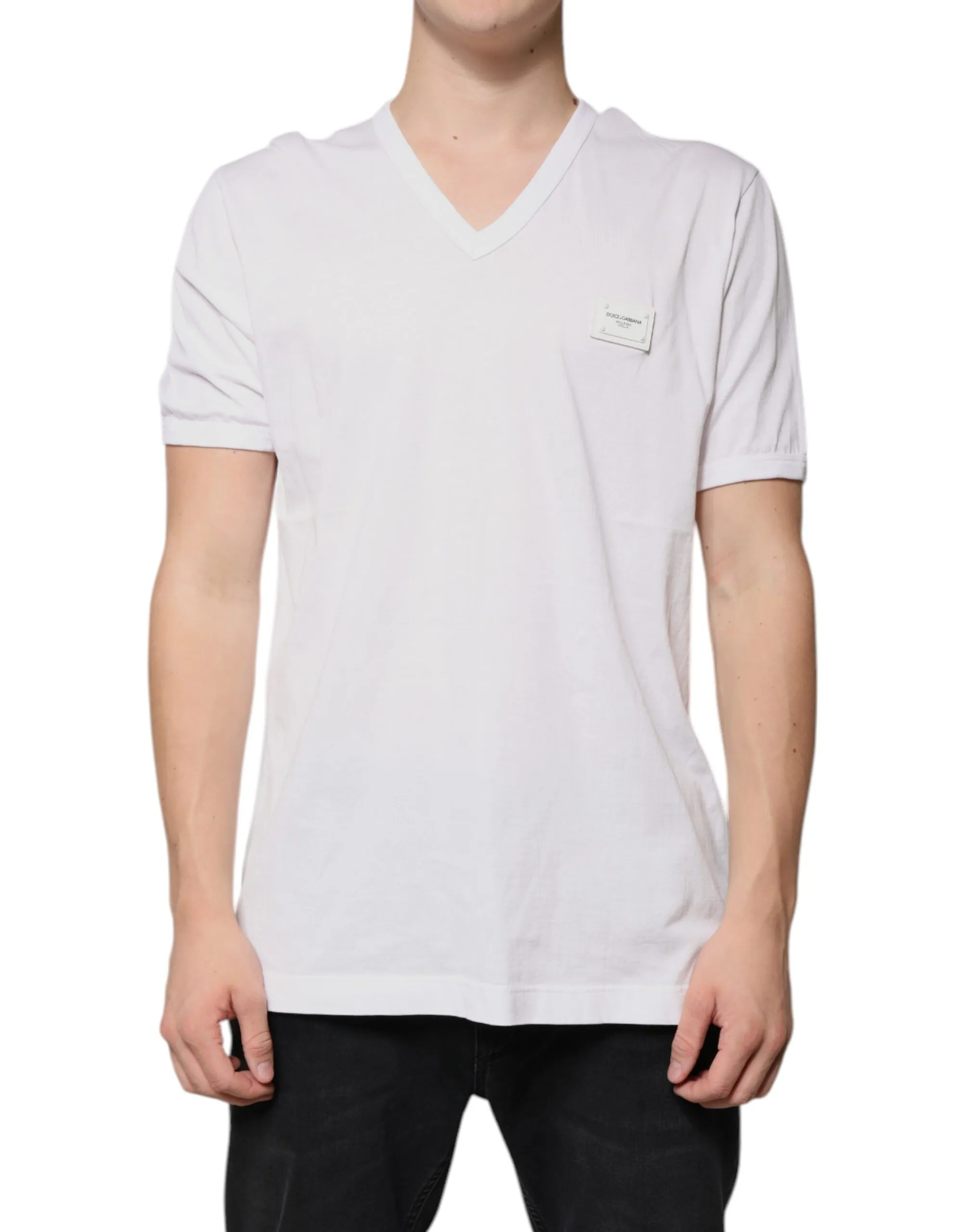 Dolce & Gabbana Men's White Logo V-neck Short Sleeve T-shirt