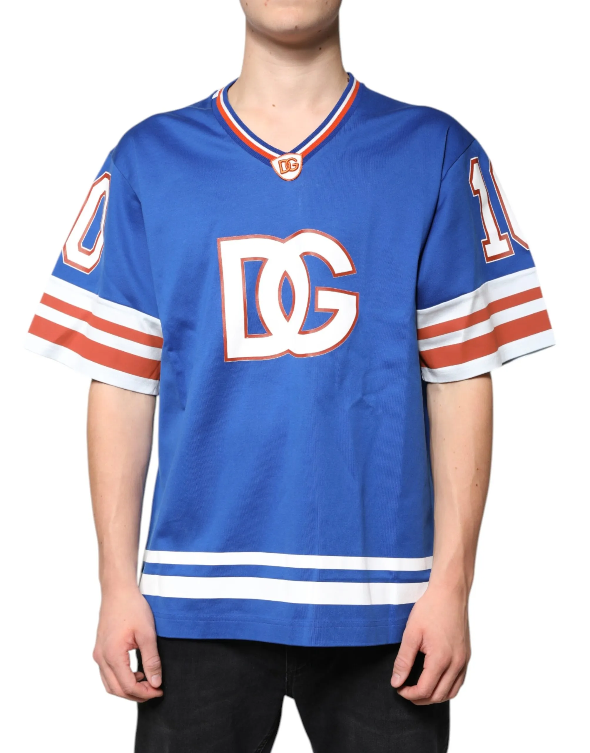 Dolce & Gabbana Men's Blue Logo V-neck Short Sleeve T-shirt