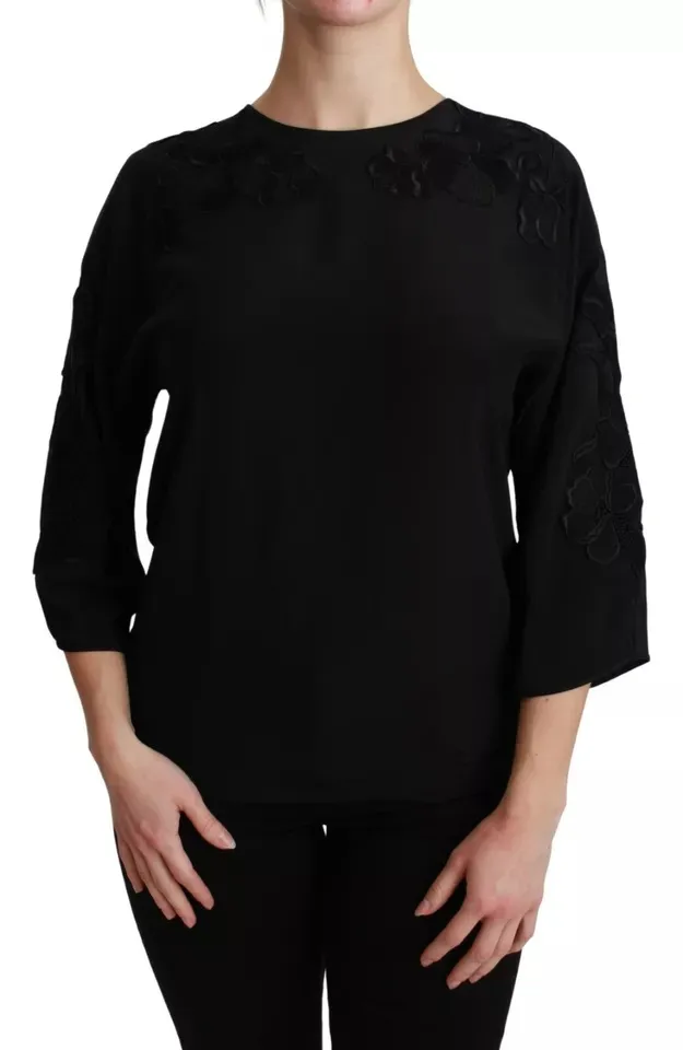 Dolce & Gabbana Women's Black Floral Embroidered Blouse Silk Top