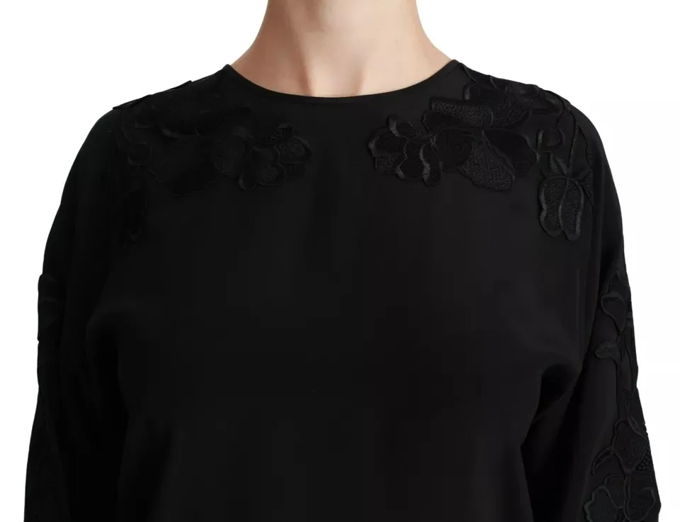 Dolce & Gabbana Women's Black Floral Embroidered Blouse Silk Top