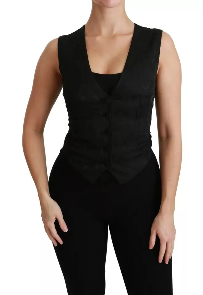 Dolce & Gabbana Women's Black Lace Waistcoat Slim Vest Silk Top