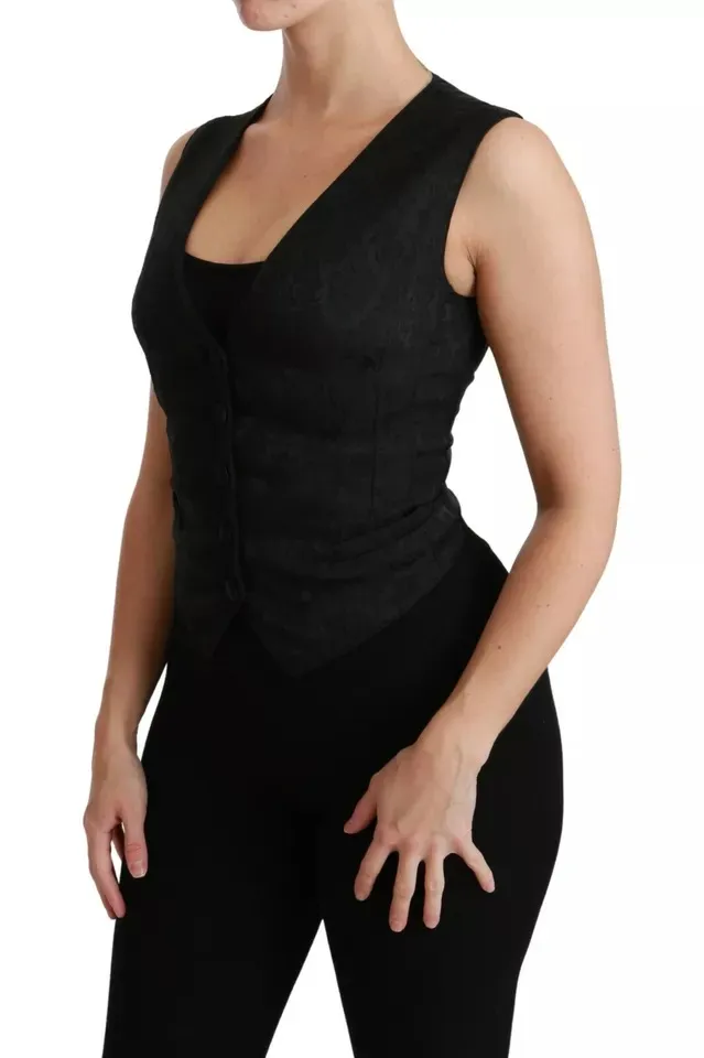 Dolce & Gabbana Women's Black Lace Waistcoat Slim Vest Silk Top