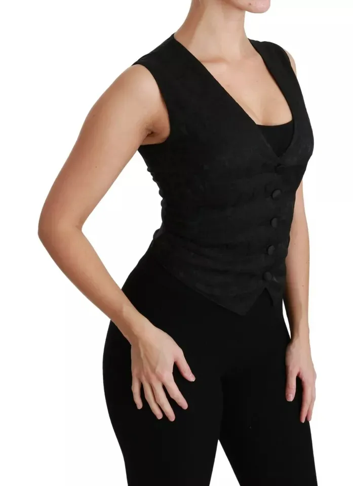 Dolce & Gabbana Women's Black Lace Waistcoat Slim Vest Silk Top