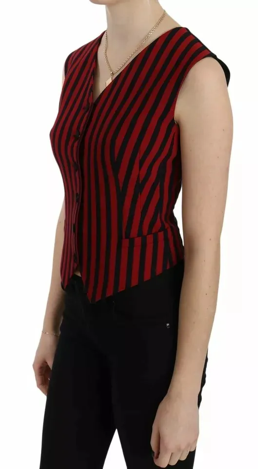 Dolce & Gabbana Women's Red Black Stripe Vest Waistcoat Blouse Top