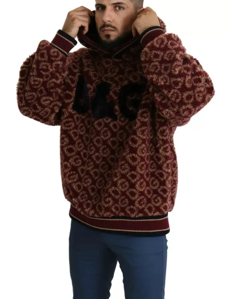 Dolce & Gabbana Men's Red Beige Wool Oversize Hooded Pullover Sweater