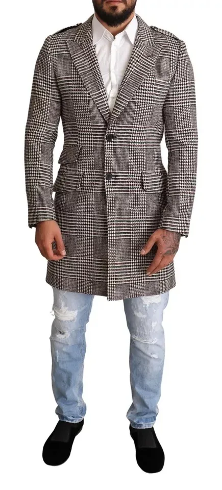 Dolce & Gabbana Men's Gray Check Plaid Long Trench Coat Jacket