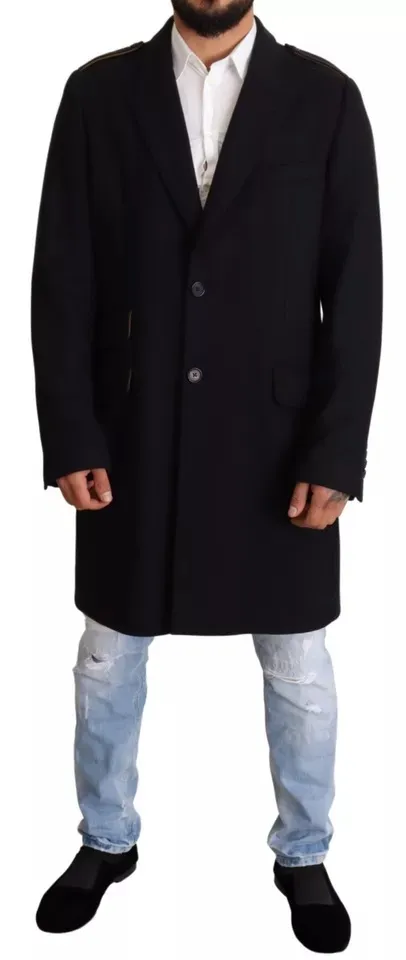 Dolce & Gabbana Men's Blue Trench Coat Long Wool Stretch Jacket
