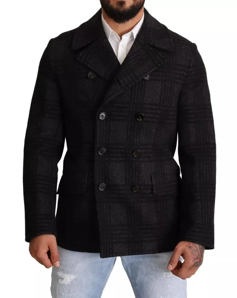 Dolce & Gabbana Men's Black Trench Coat Check Wool Jacket