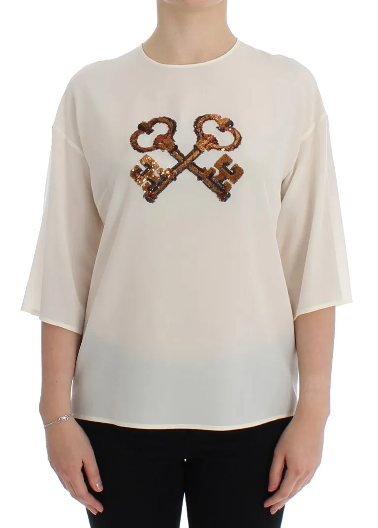 Dolce & Gabbana Women's Ivory Sequined Silk Blouse Top