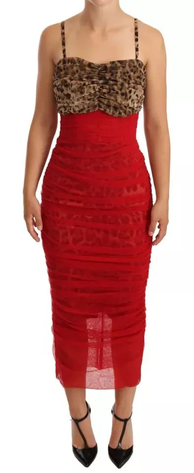 Dolce & Gabbana Women's Brown Leopard Red Tulle Sheath Midi Dress