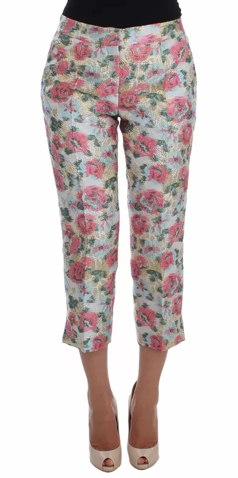 Dolce & Gabbana Women's White Pink Floral Brocade Pants
