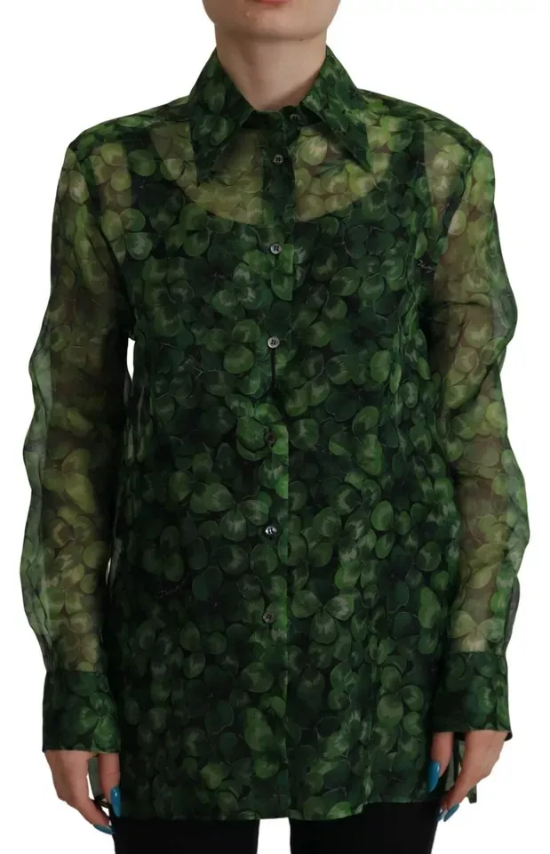 Dolce & Gabbana Women's Green Clover Print Long Sleeves Collared Top Blouse