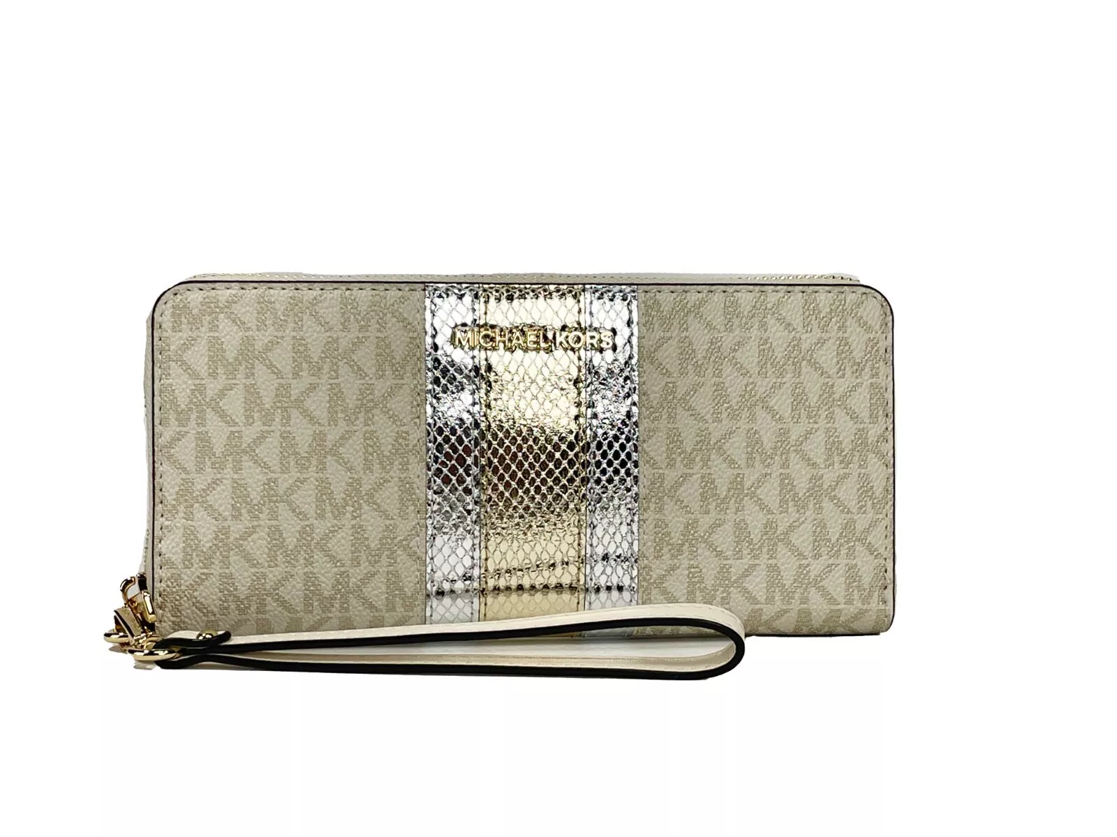 Michael Kors Women's Jet Set Travel Center Stripe Signature Continental Wallet Vanilla Pale Gold