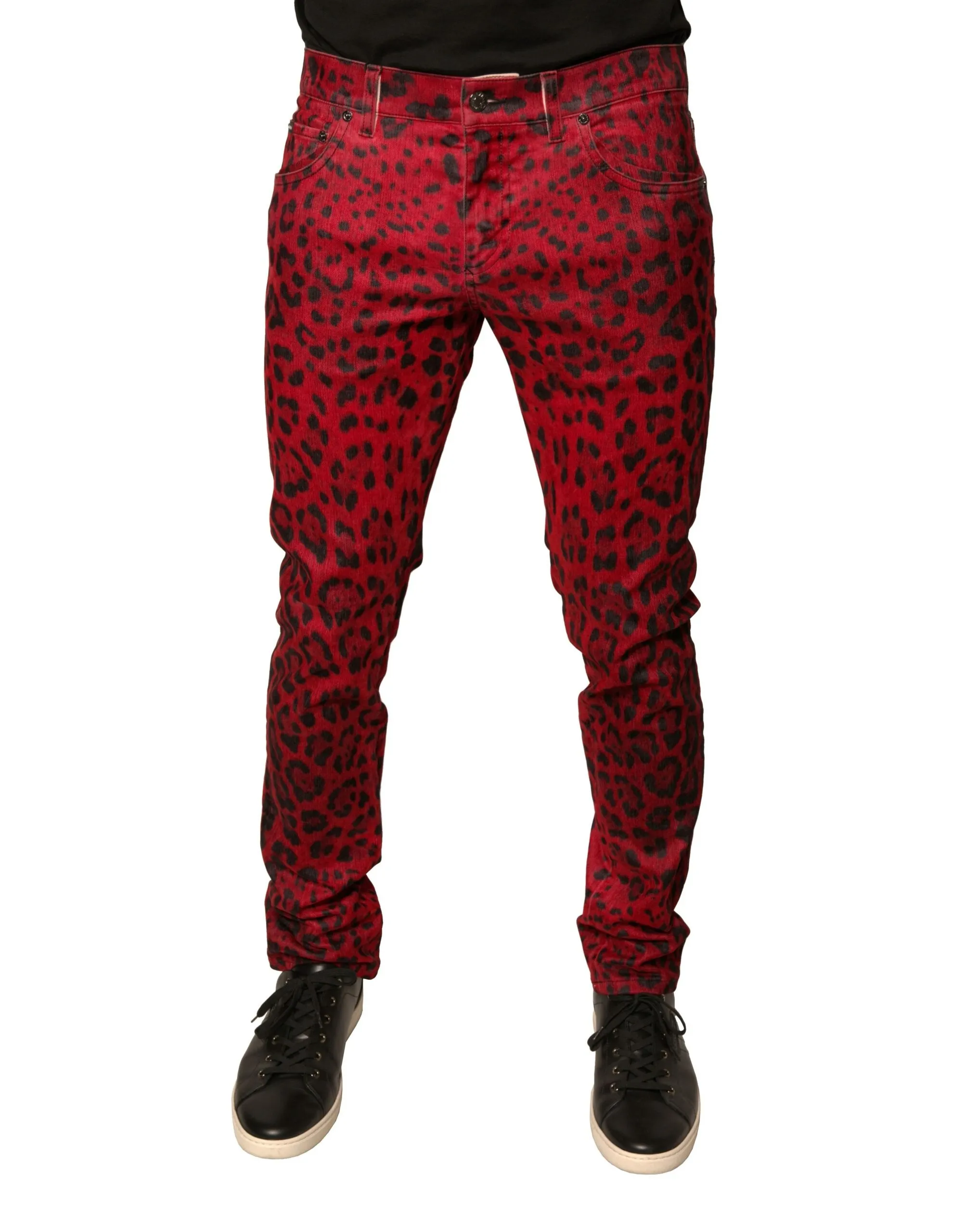 Dolce & Gabbana Men's Red Leopard Cotton Stretch Skinny Denim Jeans