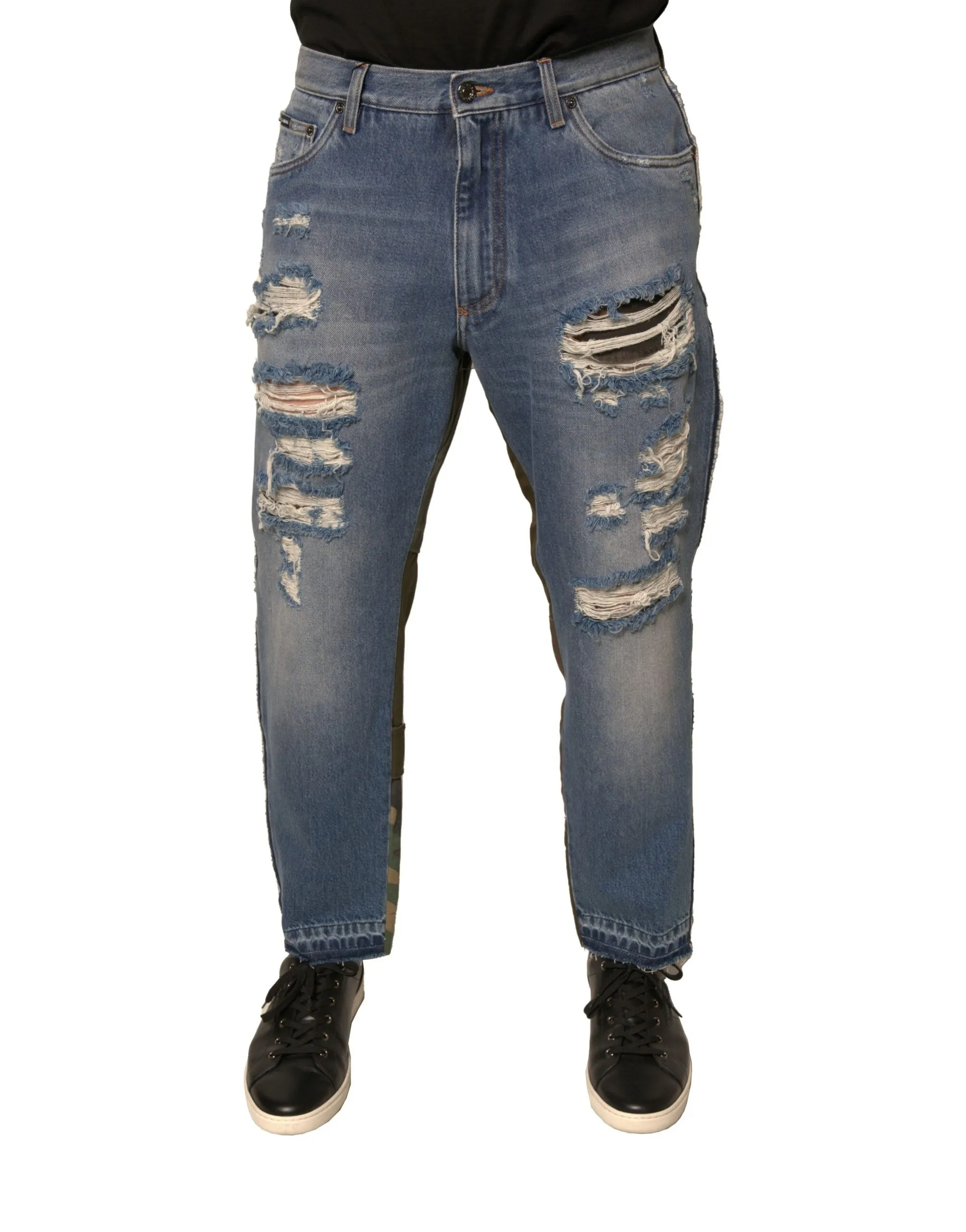 Dolce & Gabbana Men's Blue Tattered Straight Cropped Denim Jeans