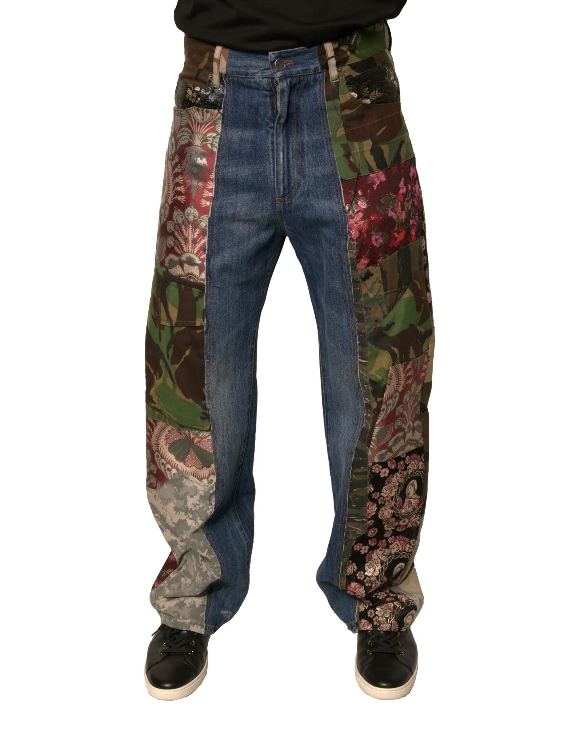 Dolce & Gabbana Men's Blue Patchwork Cotton Straight Denim Jeans
