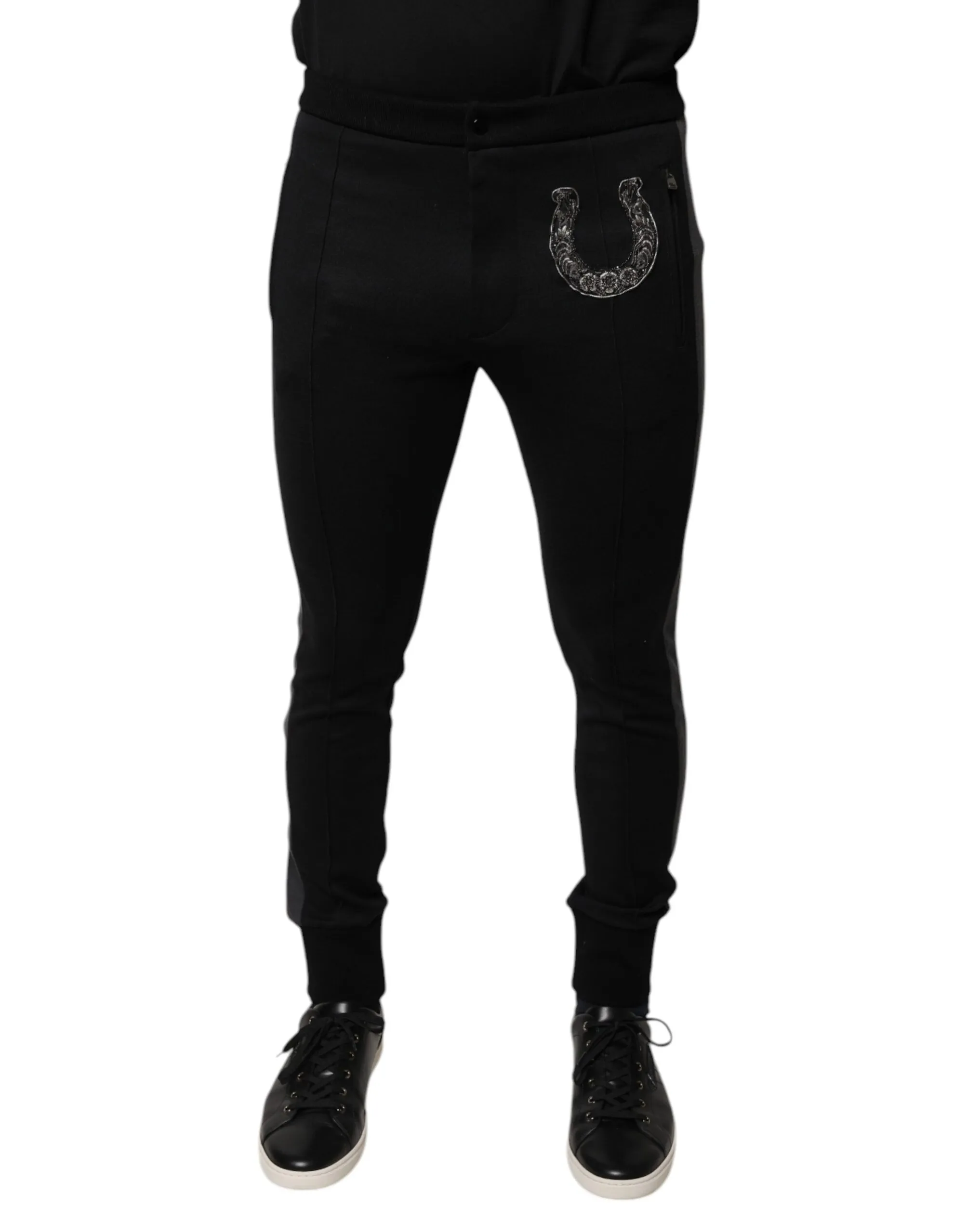 Dolce & Gabbana Men's Black Horseshoe Embellished Wool Slim Fit Pants