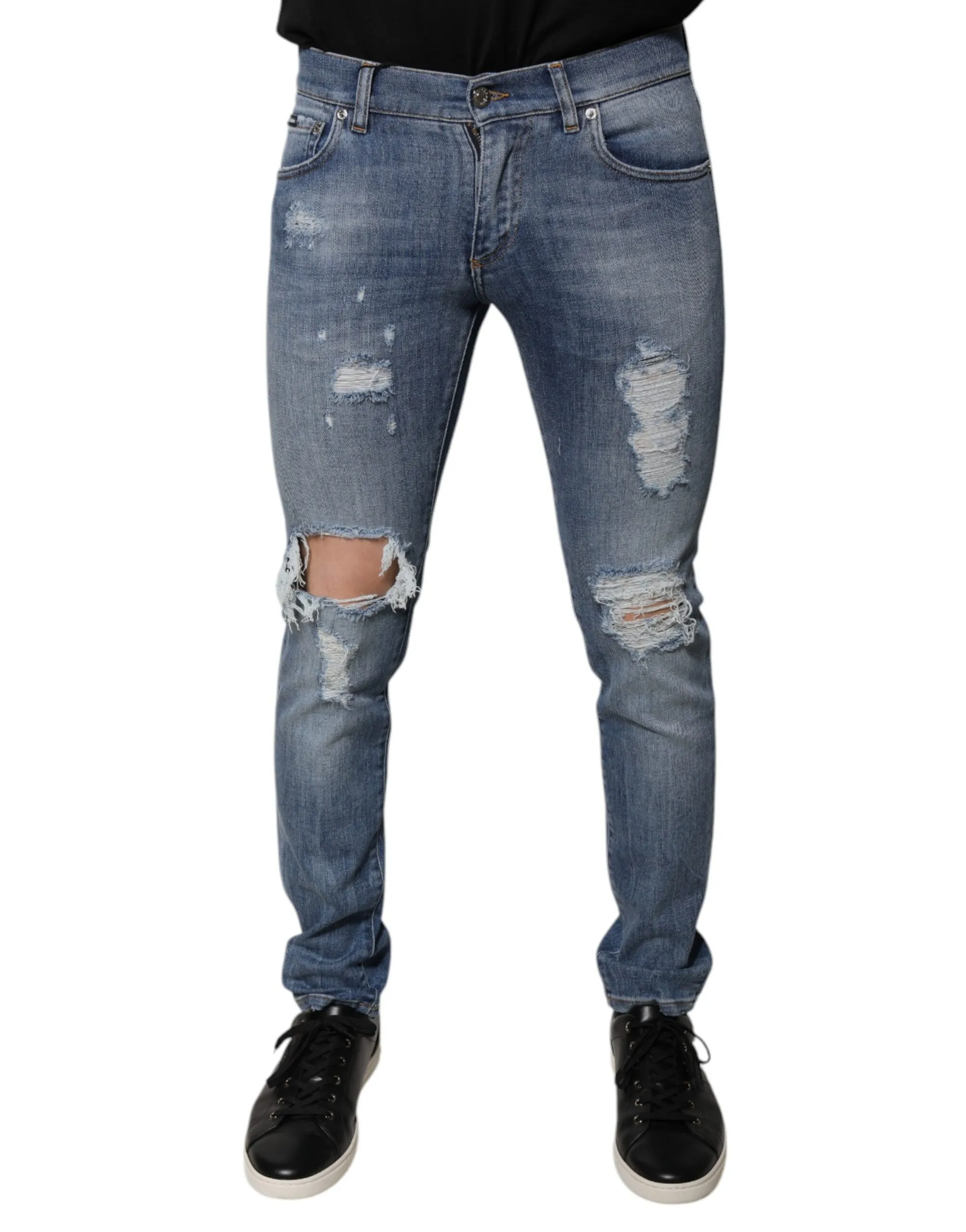 Dolce & Gabbana Men's Blue Tattered Cotton Stretch Skinny Denim Jeans